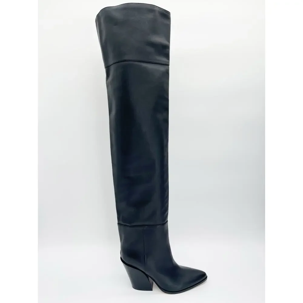 Jimmy Choo Cece 80 Black Pointed Toe Western OTK Block Heeled Boots IT 38.5